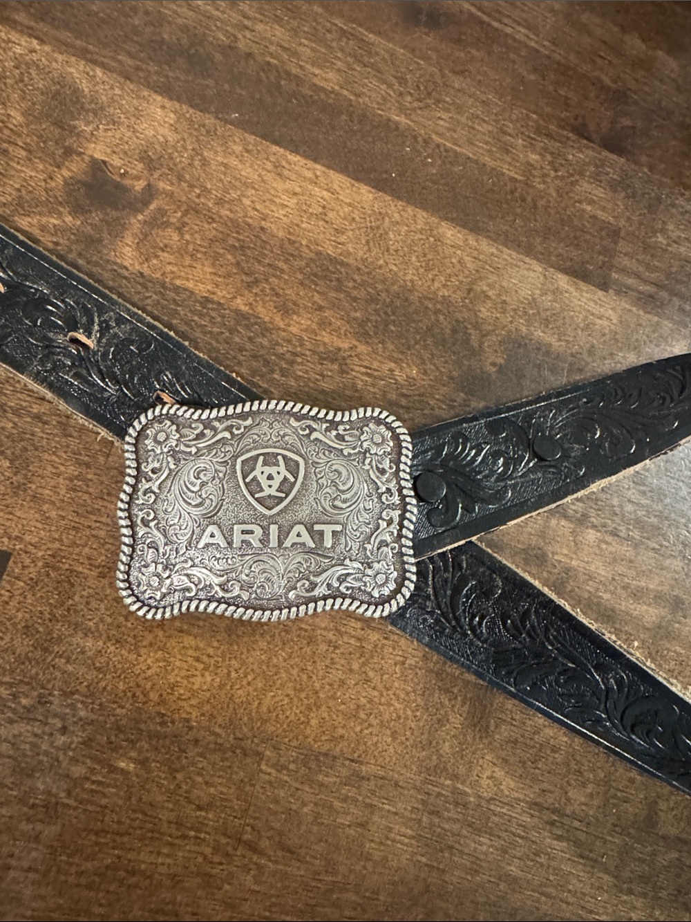 Ariat Black Tooled Leather Belt with Ornate Silver Buckle tony lama belt
